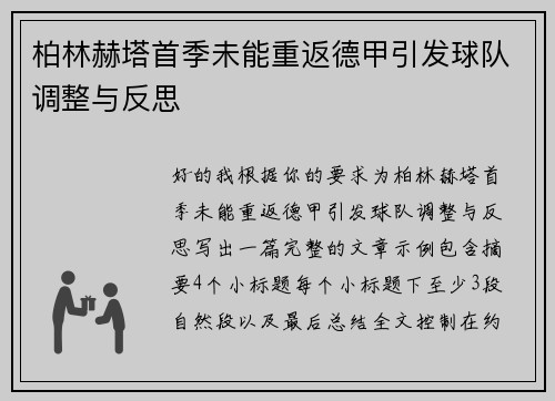 柏林赫塔首季未能重返德甲引发球队调整与反思